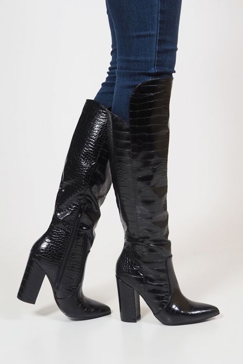 Croco boots with asymmetric design and thick heels