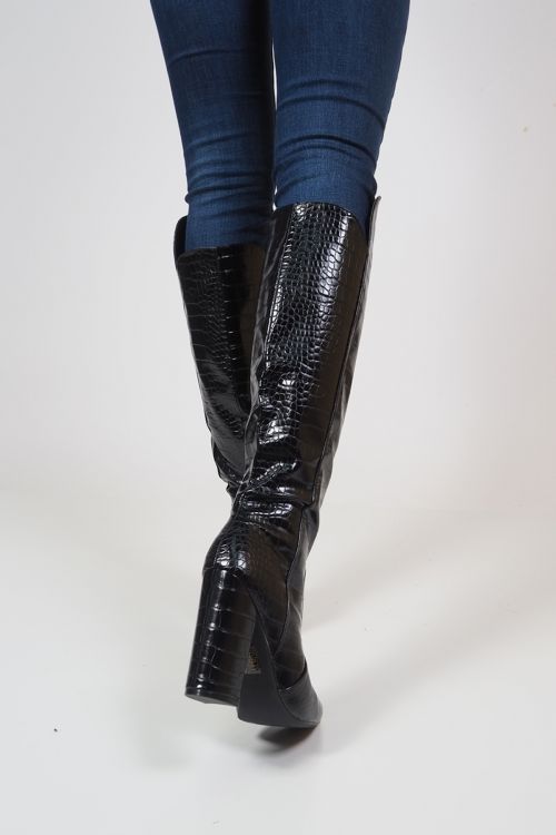 Croco boots with asymmetric design and thick heels