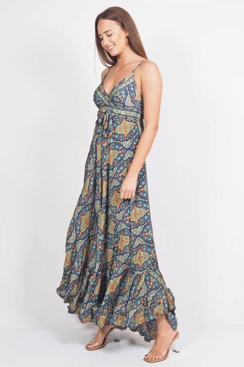 Printed silky long dress with ruffles