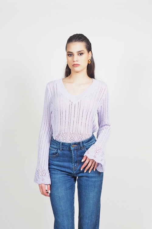 Perforated top with V neck & bell sleeve