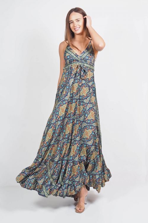 Printed silky long dress with ruffles