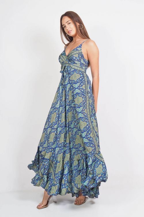 Printed silky long dress with ruffles