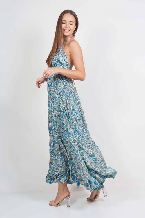 Boho maxi backless dress with neck tie