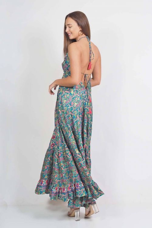 Boho maxi backless dress with neck tie