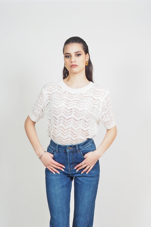 Short sleeve perforated round neck top