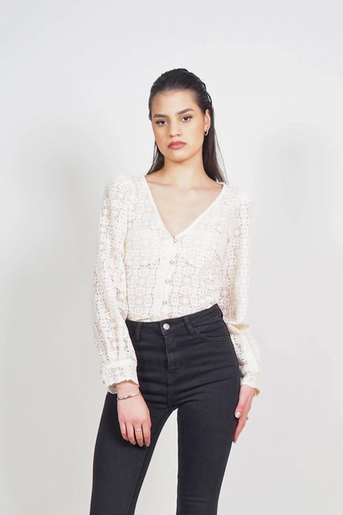 Lace shirt with pleats & metal buttons