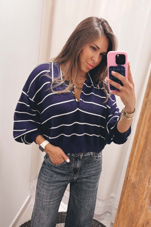 Long-sleeve striped knit top with button detailing Demy