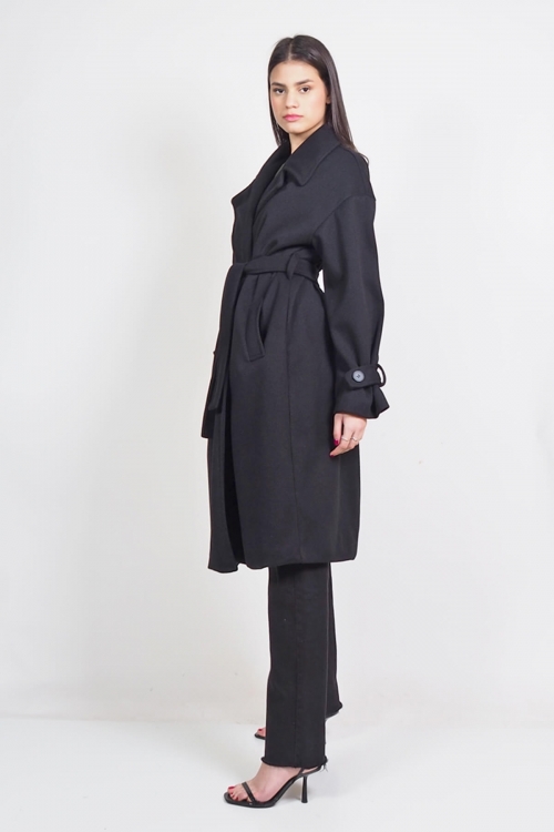 Long coat with embossed fabric & belt