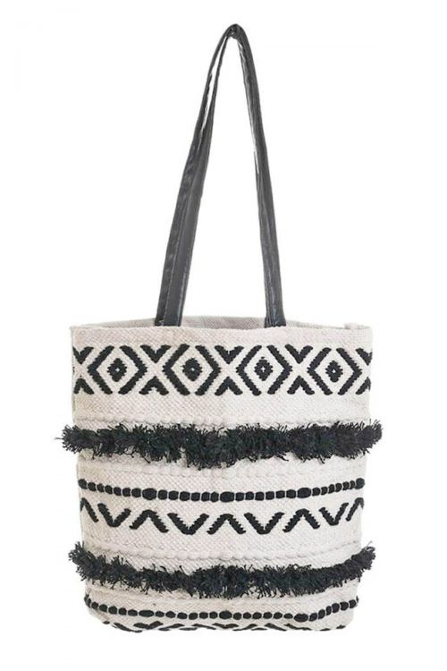 Hasley fabric bag with black patterns and fringes
