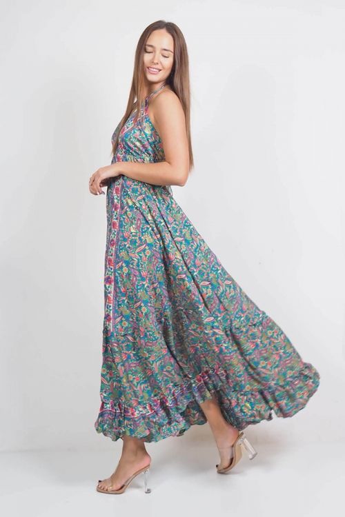 Boho maxi backless dress with neck tie