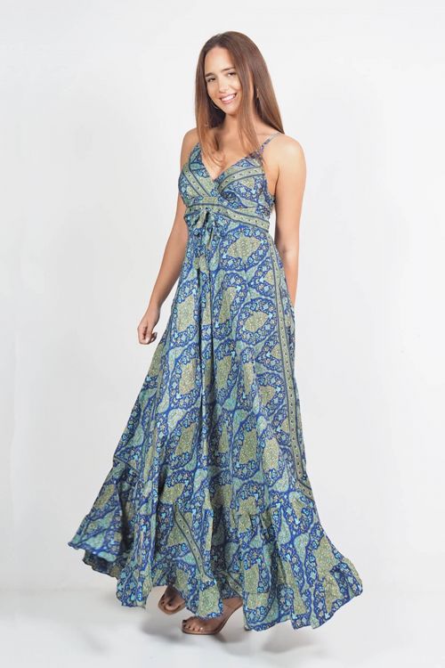 Printed silky long dress with ruffles