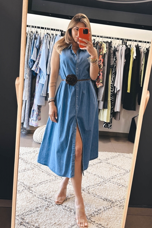 Cotton sleeveless denim dress with brown belt