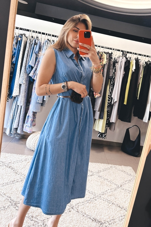 Cotton sleeveless denim dress with brown belt