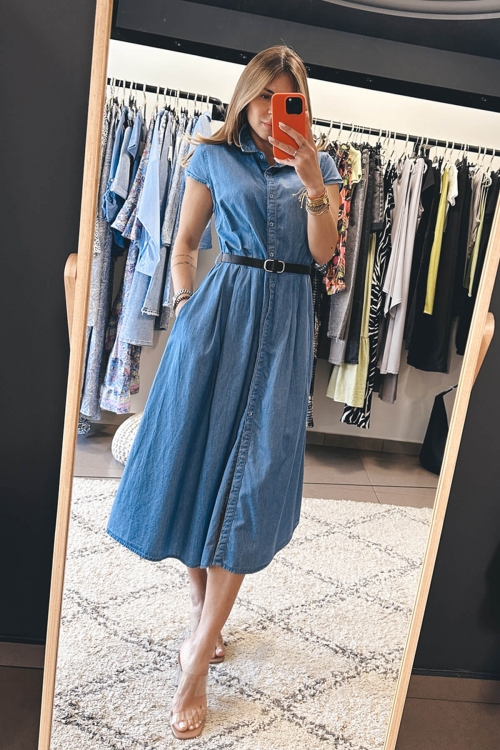 Cotton denim dress with black belt