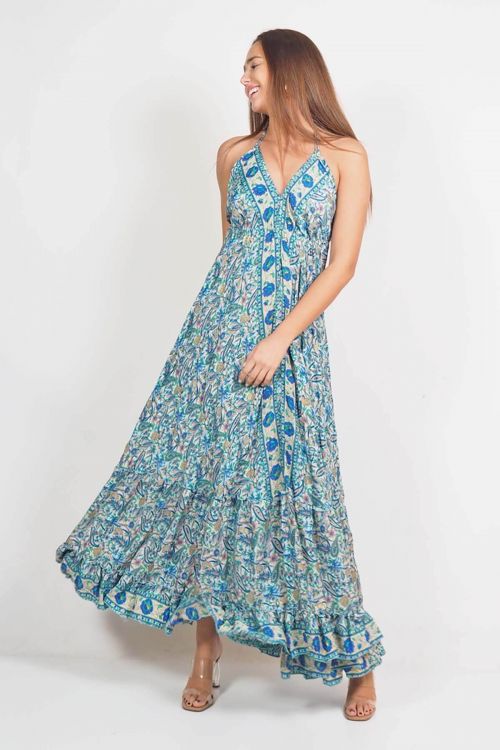 Boho maxi εξώπλατο φόρεμα με δέσιμο στον λαιμό